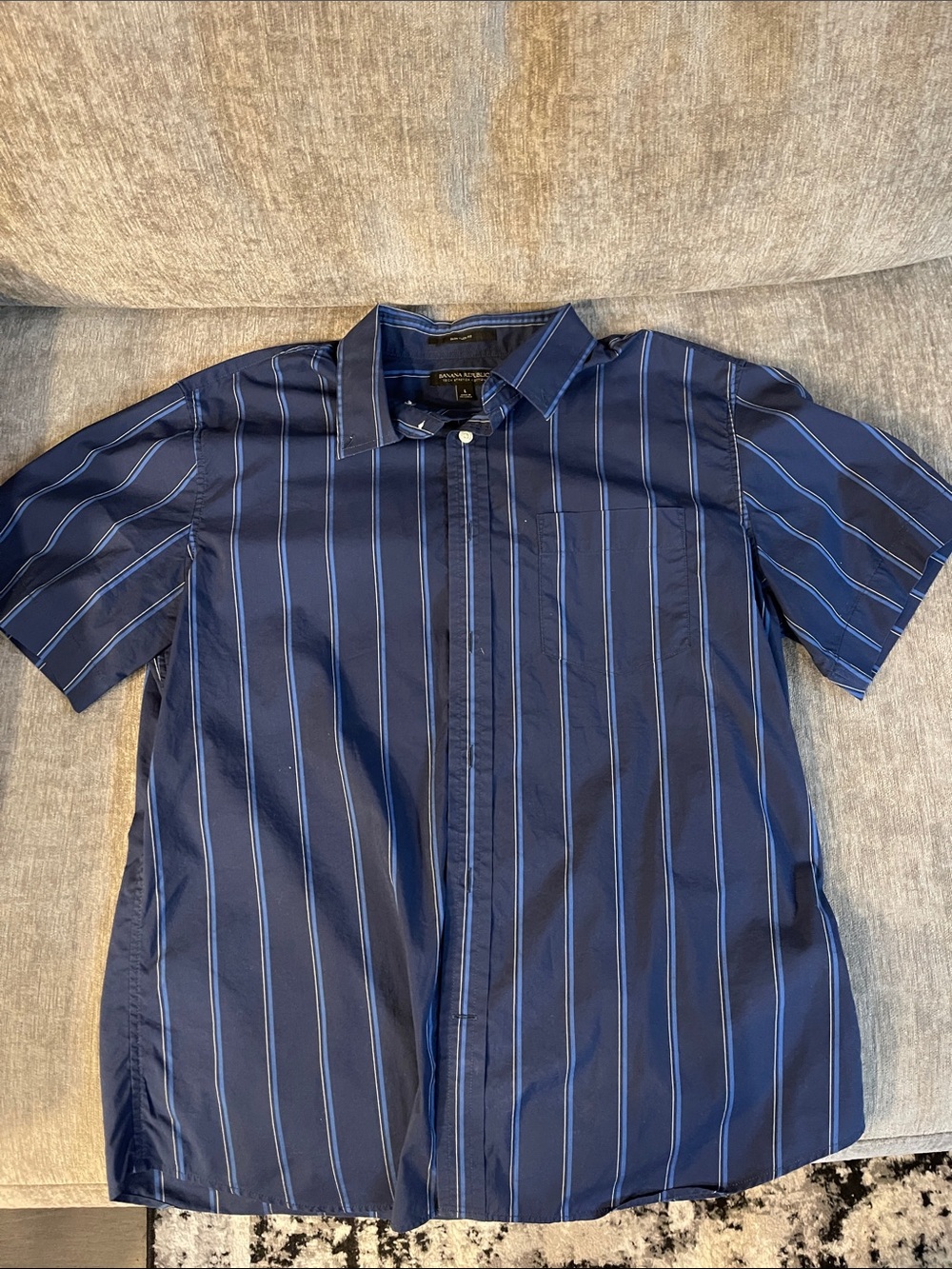 Banana Republic Navy Blue Short-Sleeve Button-Down Stripe Shirt